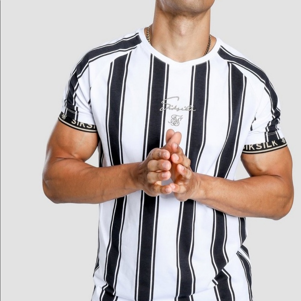 SikSilk Men's Stripe Tee Shirt Black and White M